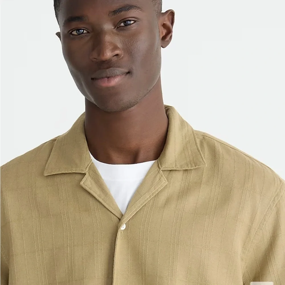 J crew coastal khaki Short-sleeve textured cotton camp-collar shirt